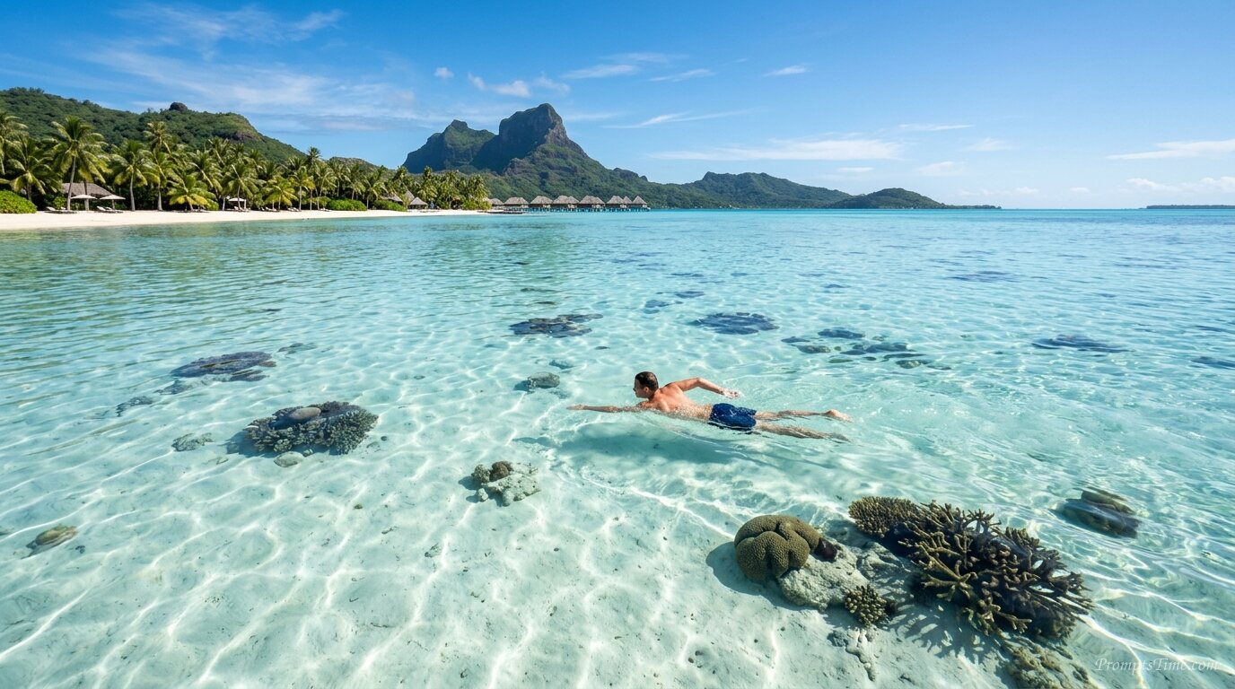 Man swimming over white sand lagoon — AI-generated images image