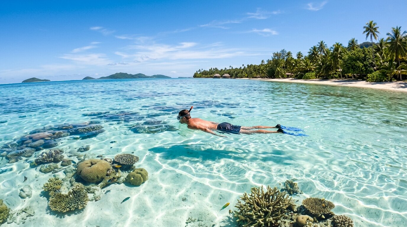 Man swimming over white sand lagoon 2 — AI-generated images image