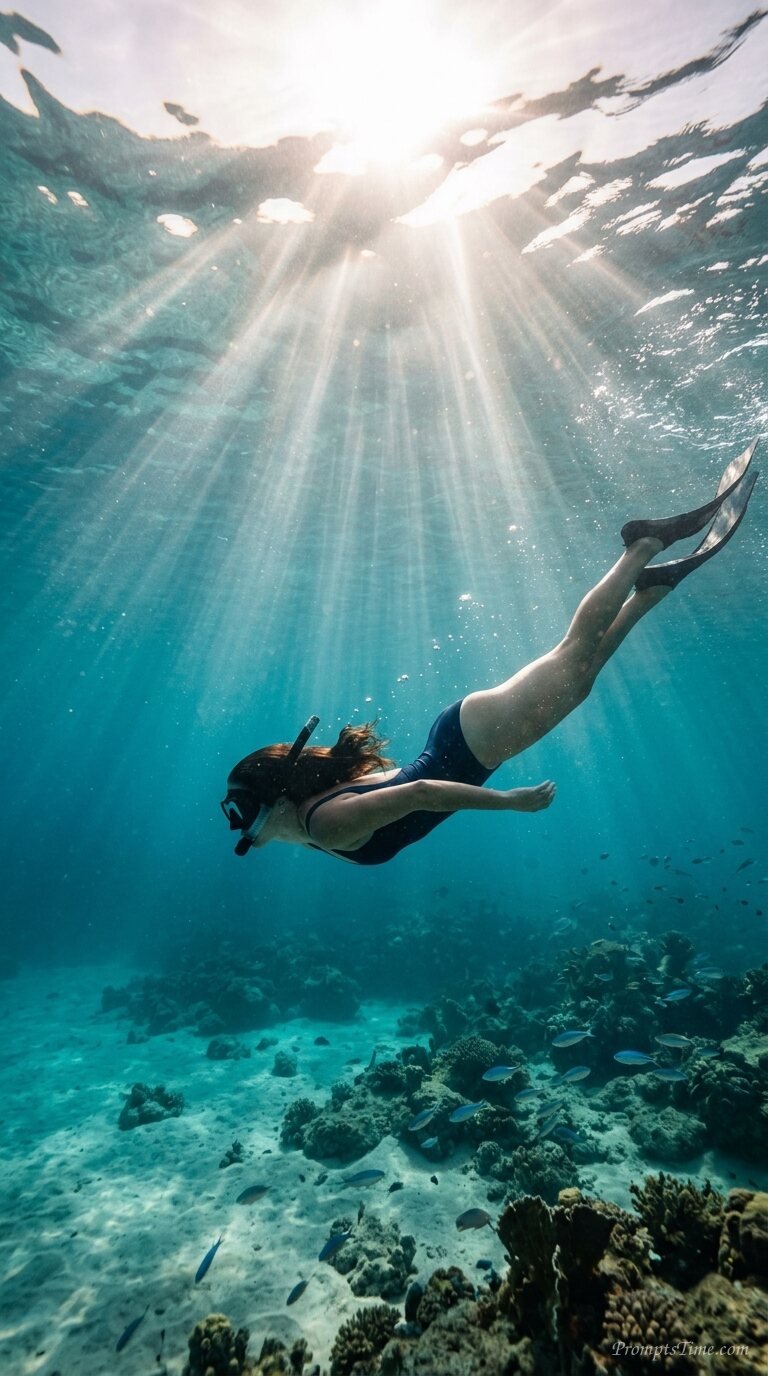 Woman swimming in turquoise bay — AI-generated images image