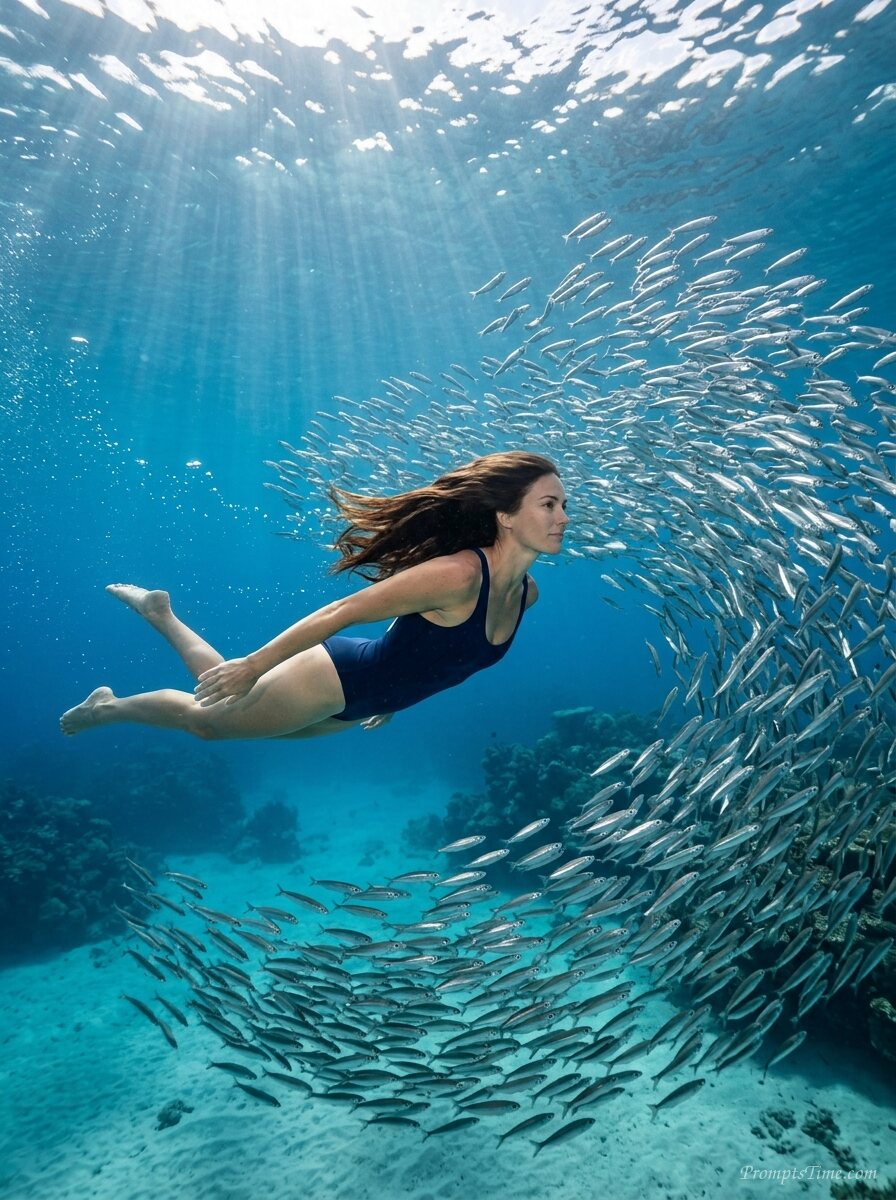 Woman swimming with fish — AI-generated images image