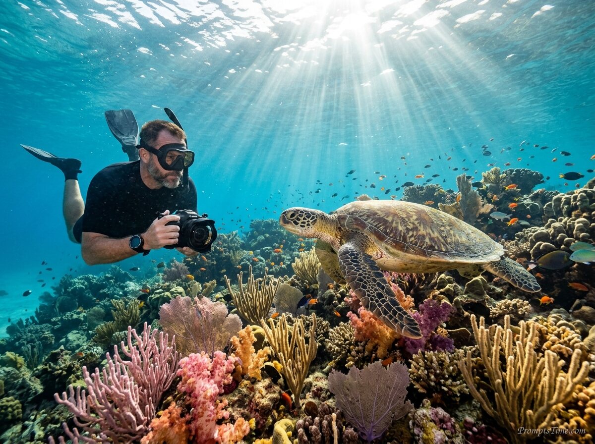 Man observing sea turtle — AI-generated images image