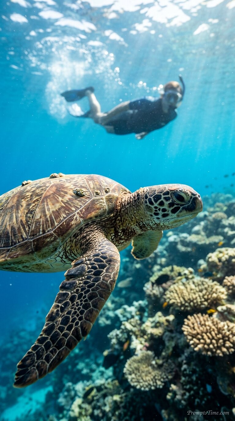 Sea turtle swimming past snorkeler — AI-generated images image