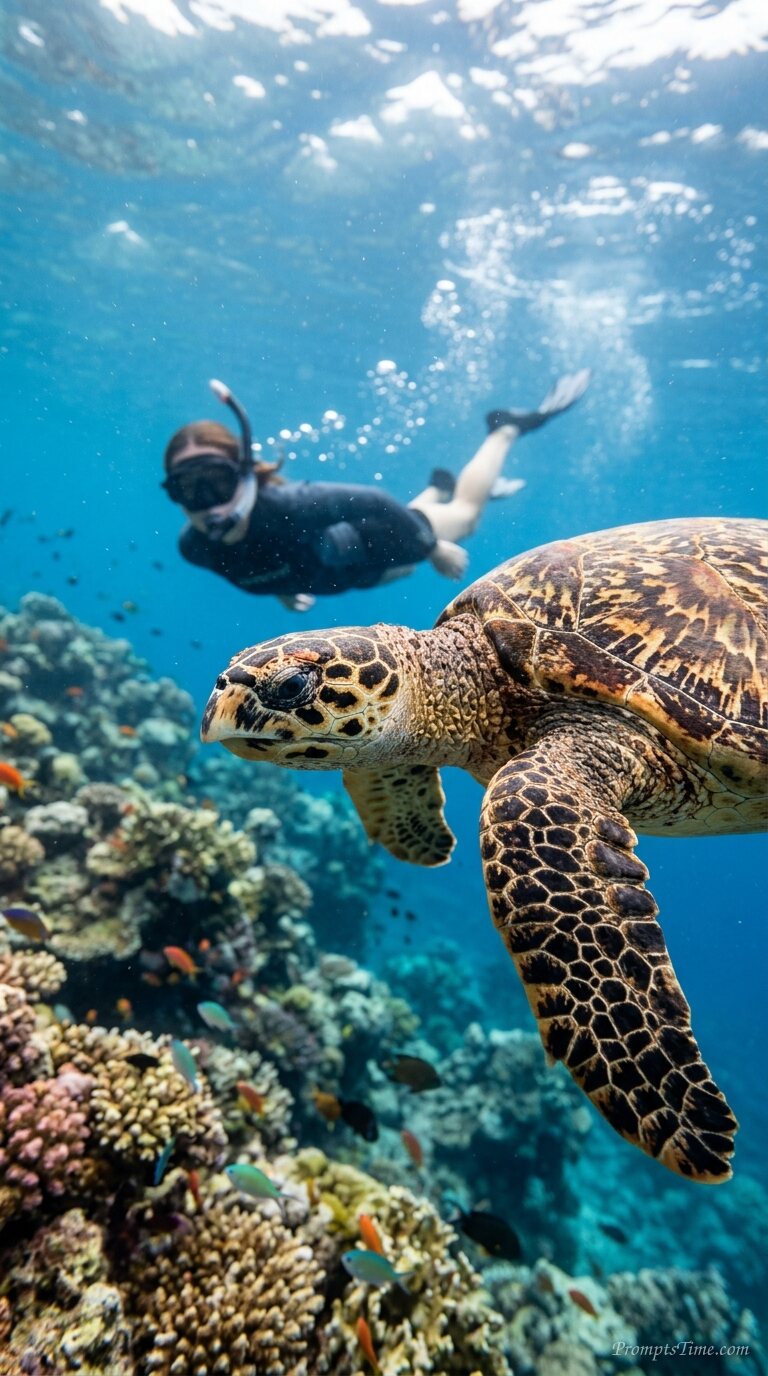 Sea turtle swimming past snorkeler 2 — AI-generated images image
