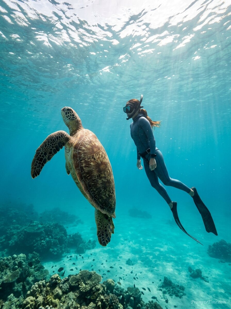 Woman free diving with sea turtle — AI-generated images image