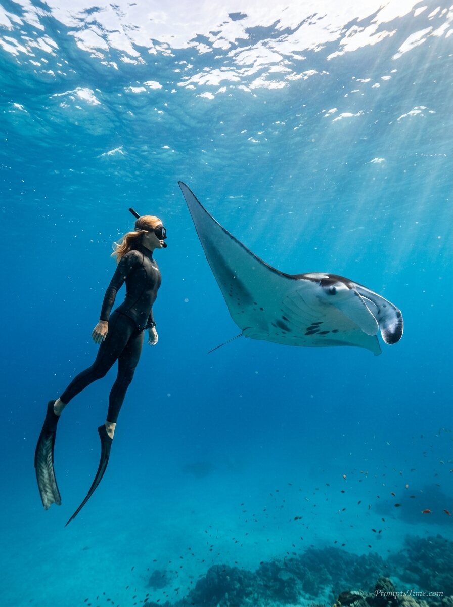 Woman swimming with manta ray — AI-generated images image