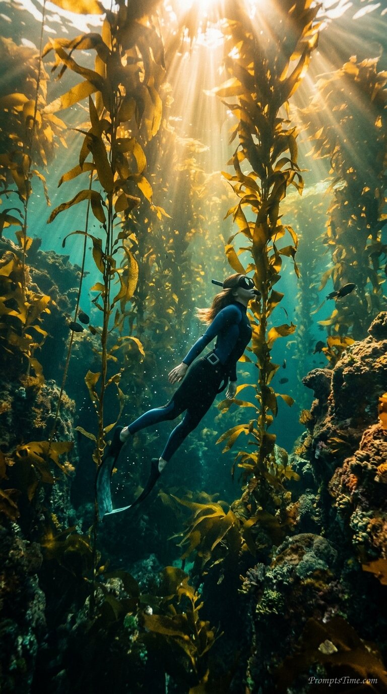 Woman swimming through kelp — AI-generated images image