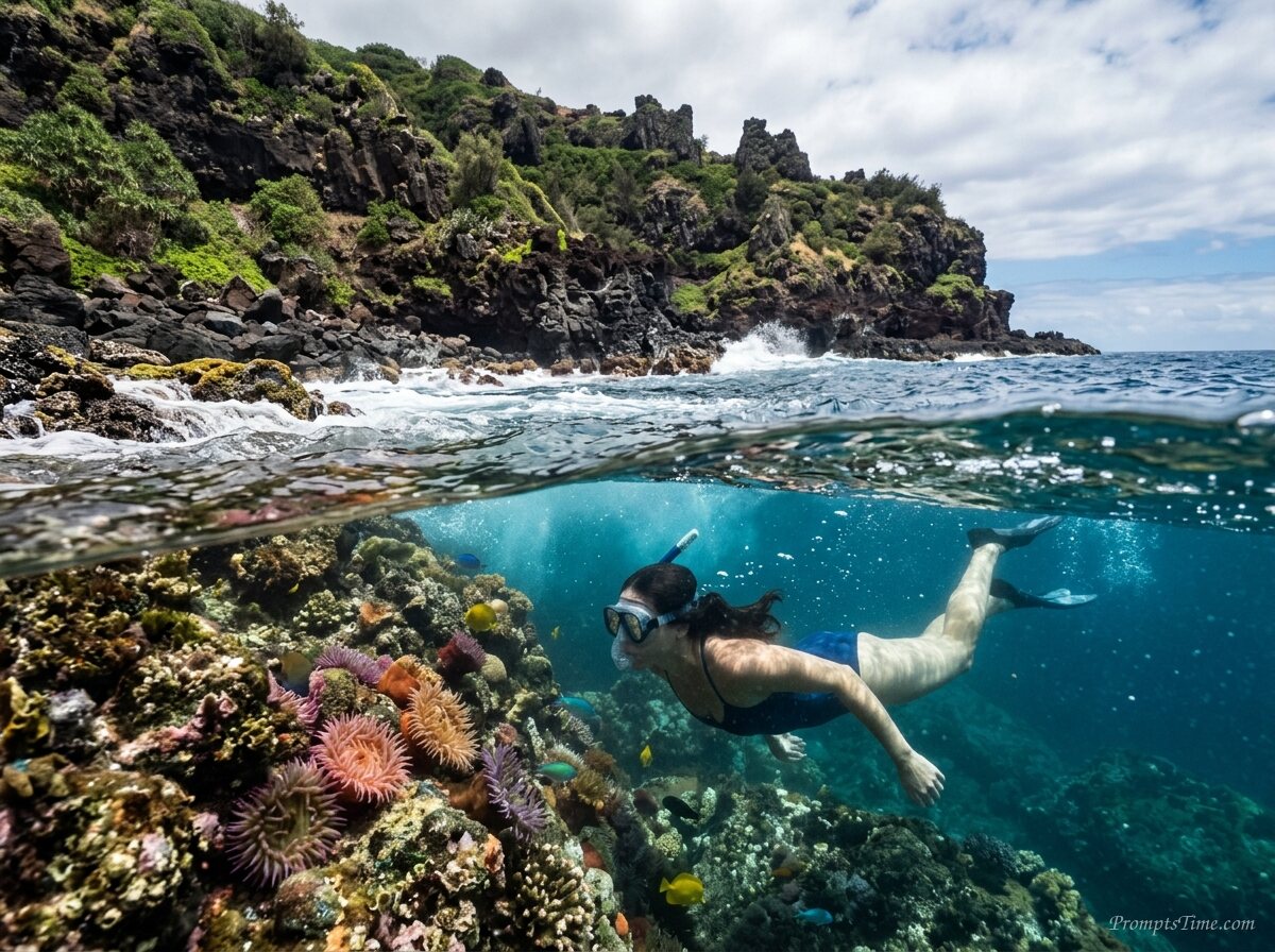 Swimmer viewing sea anemones und… — AI-generated images image
