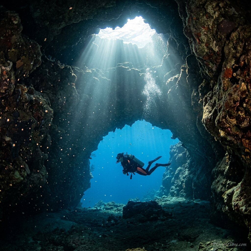 Scuba diver swimming through cave — AI-generated images image