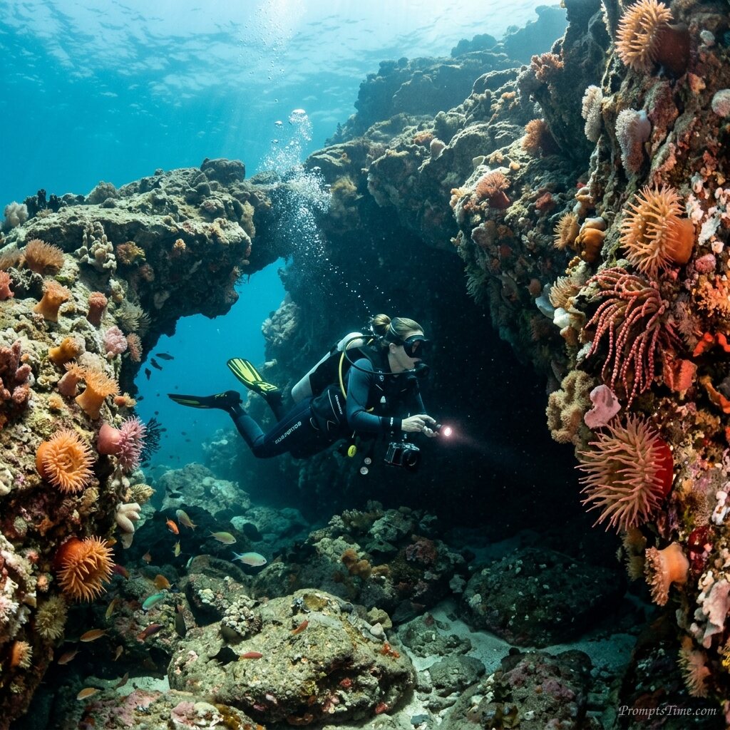 Woman exploring sea cave — AI-generated images image