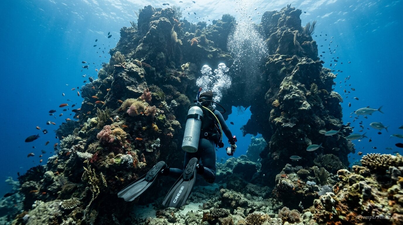 Scuba diver swimming toward rock — AI-generated images image