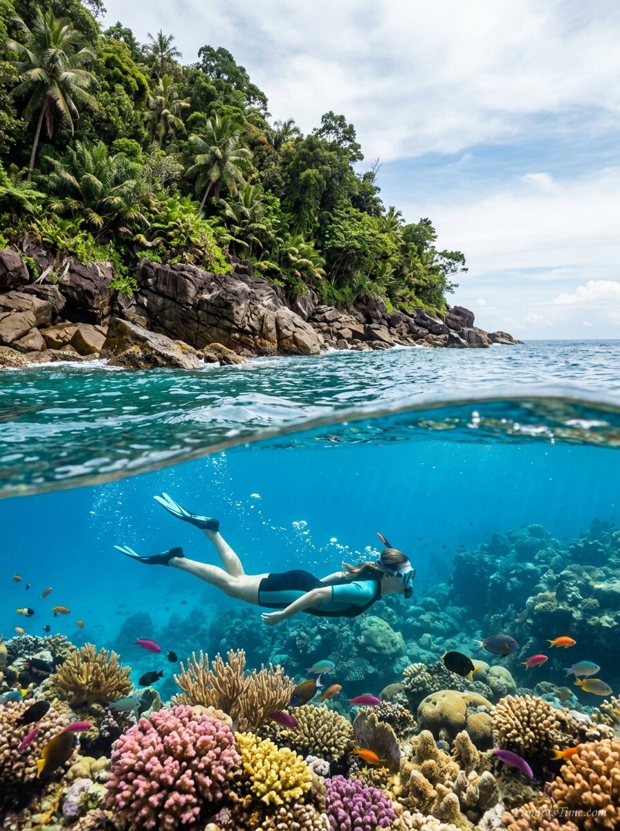 Snorkeler floating at rocky coas… — AI-generated images image