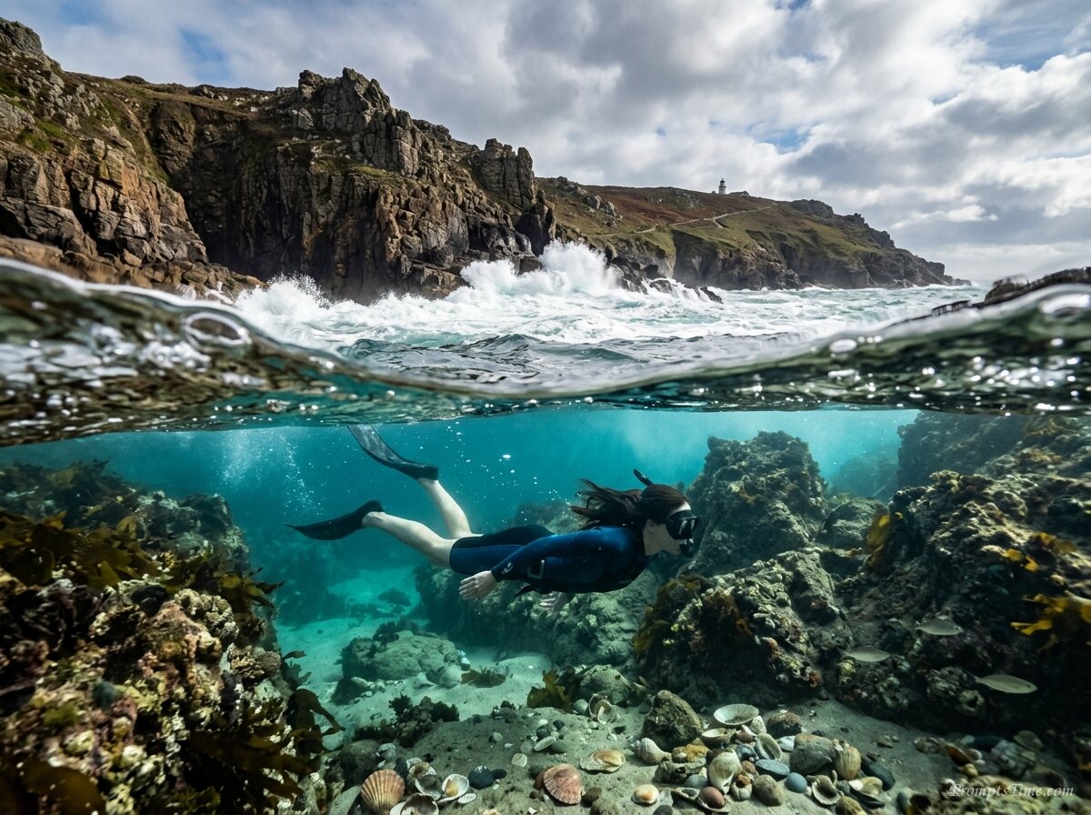 Swimmer near rocky coastline — AI-generated images image