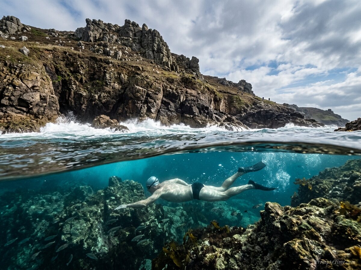 Swimmer underwater at rocky coas… — AI-generated images image