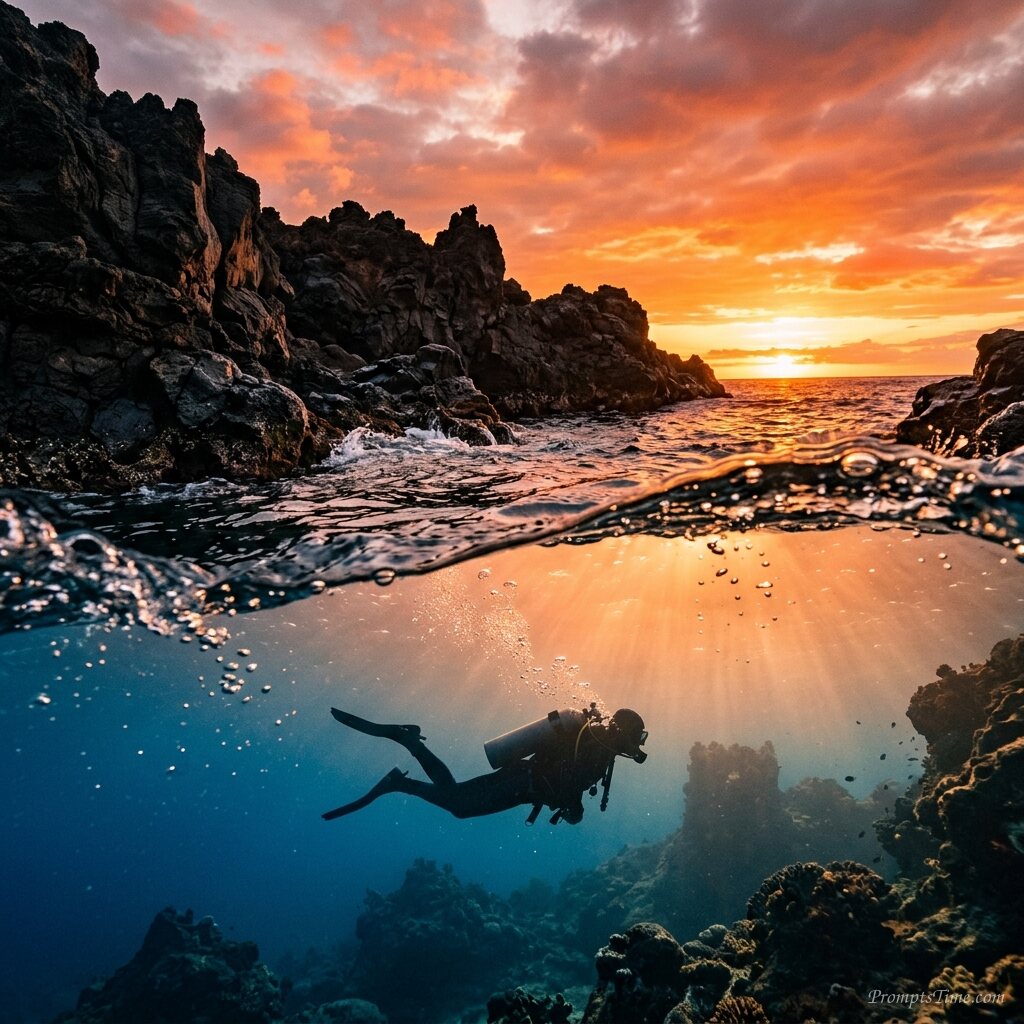 Diver swimming near volcanic island — AI-generated images image