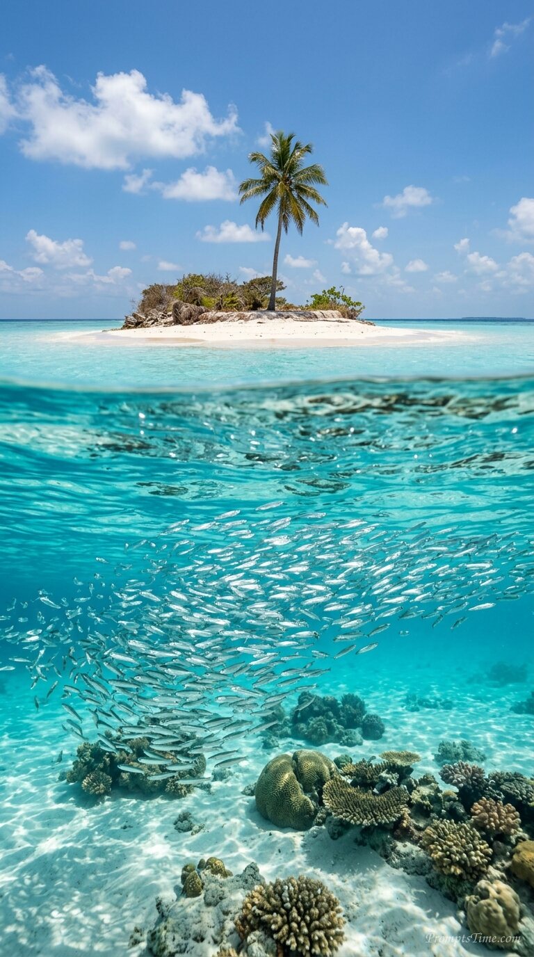 Fish swimming beneath remote island — AI-generated images image