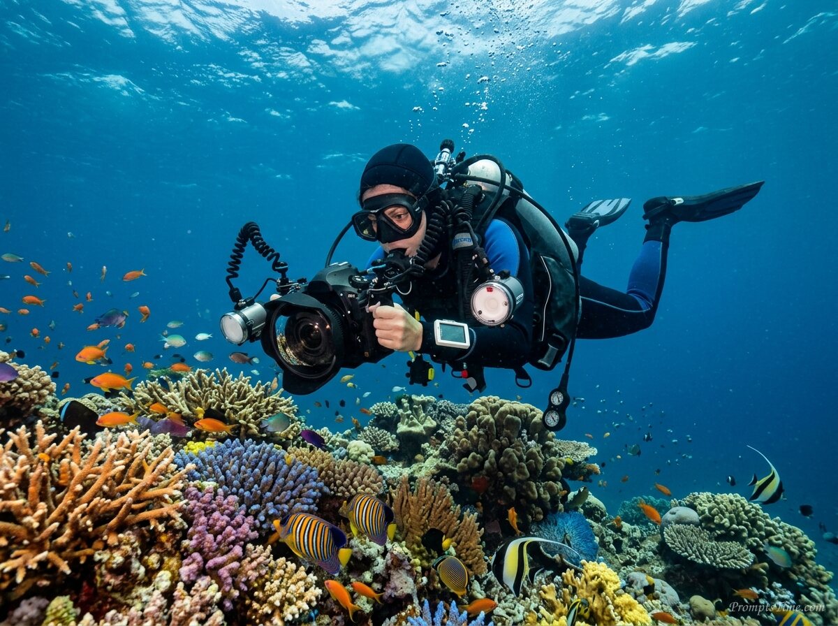 Woman photographing colorful reef — AI-generated images image