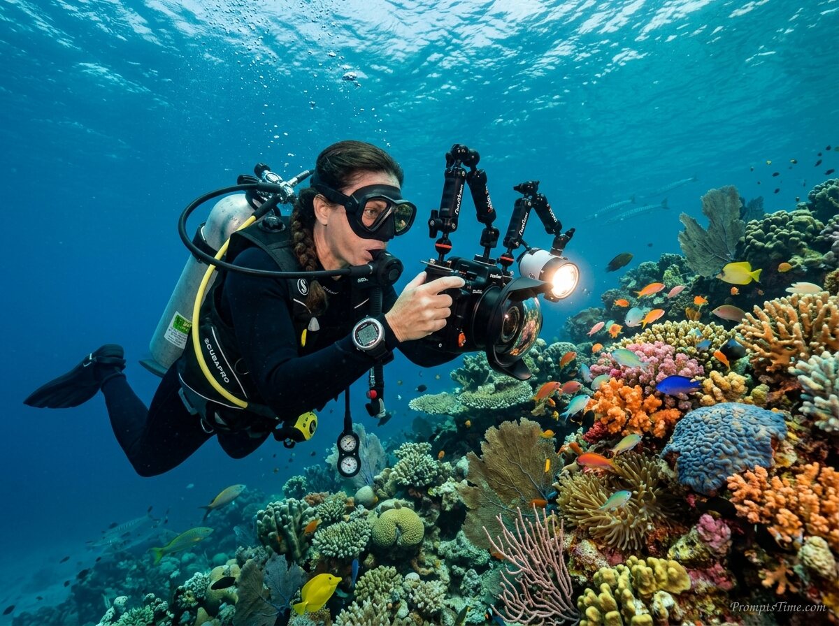 Woman photographing coral reef — AI-generated images image
