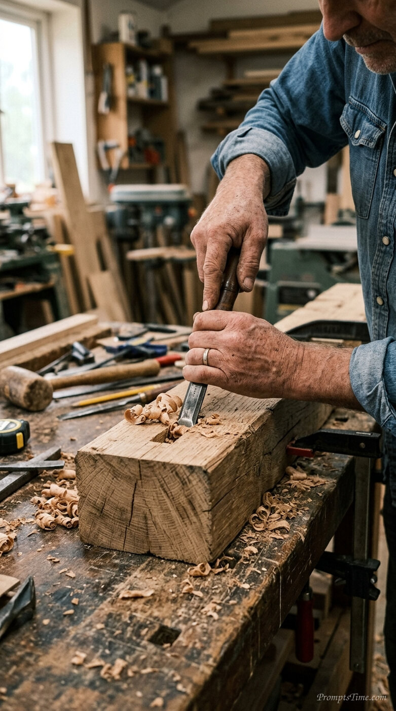 Carpenter carving oak beam — AI-generated images image