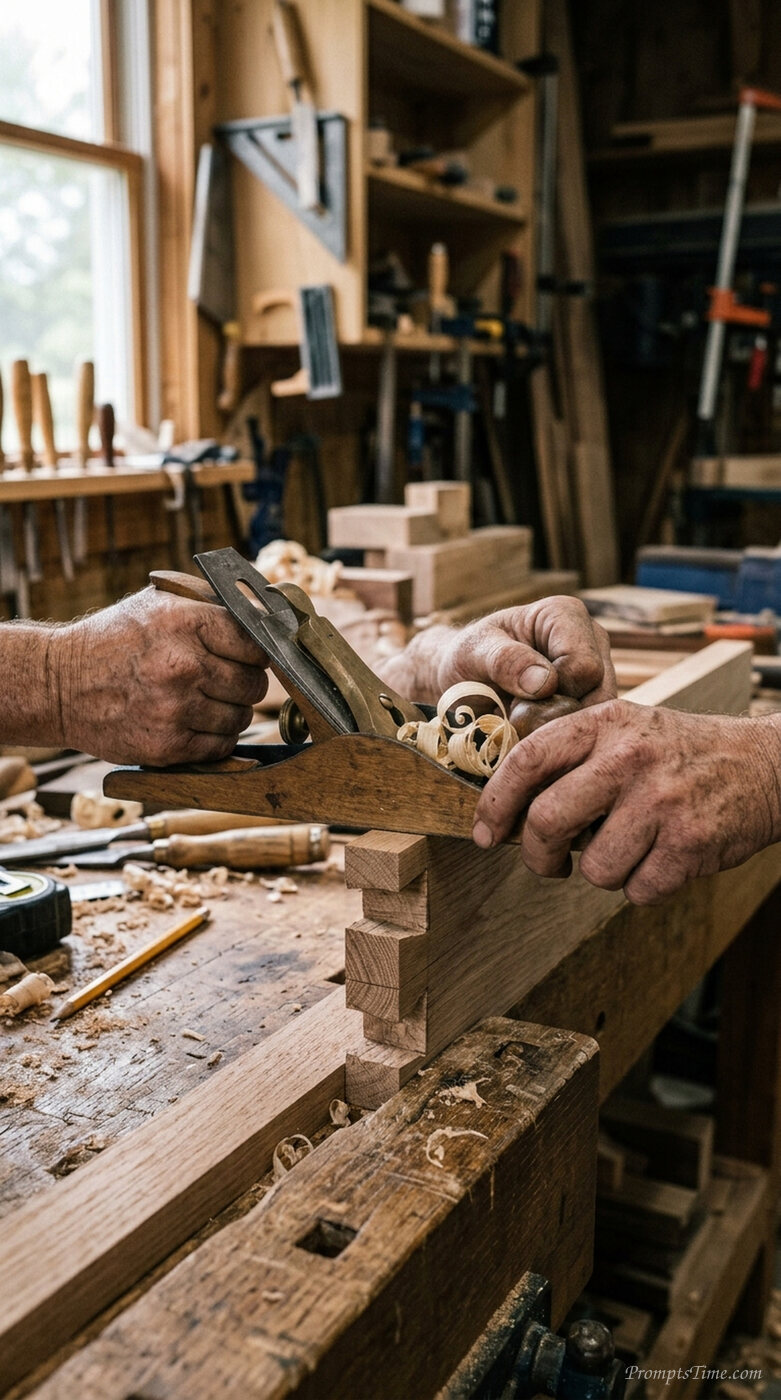 Carpenter smoothing wooden joint — AI-generated images image