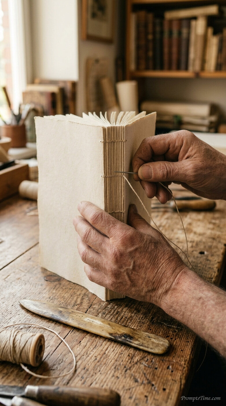 Bookbinder sewing book spine — AI-generated images image