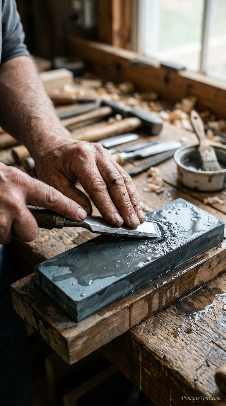 Hands sharpening steel chisel — AI-generated images image