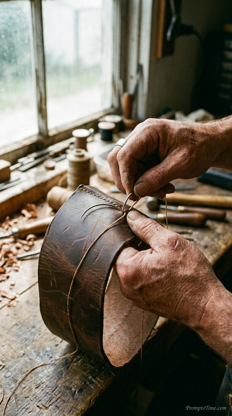 Hands stitching brown leather — AI-generated images image