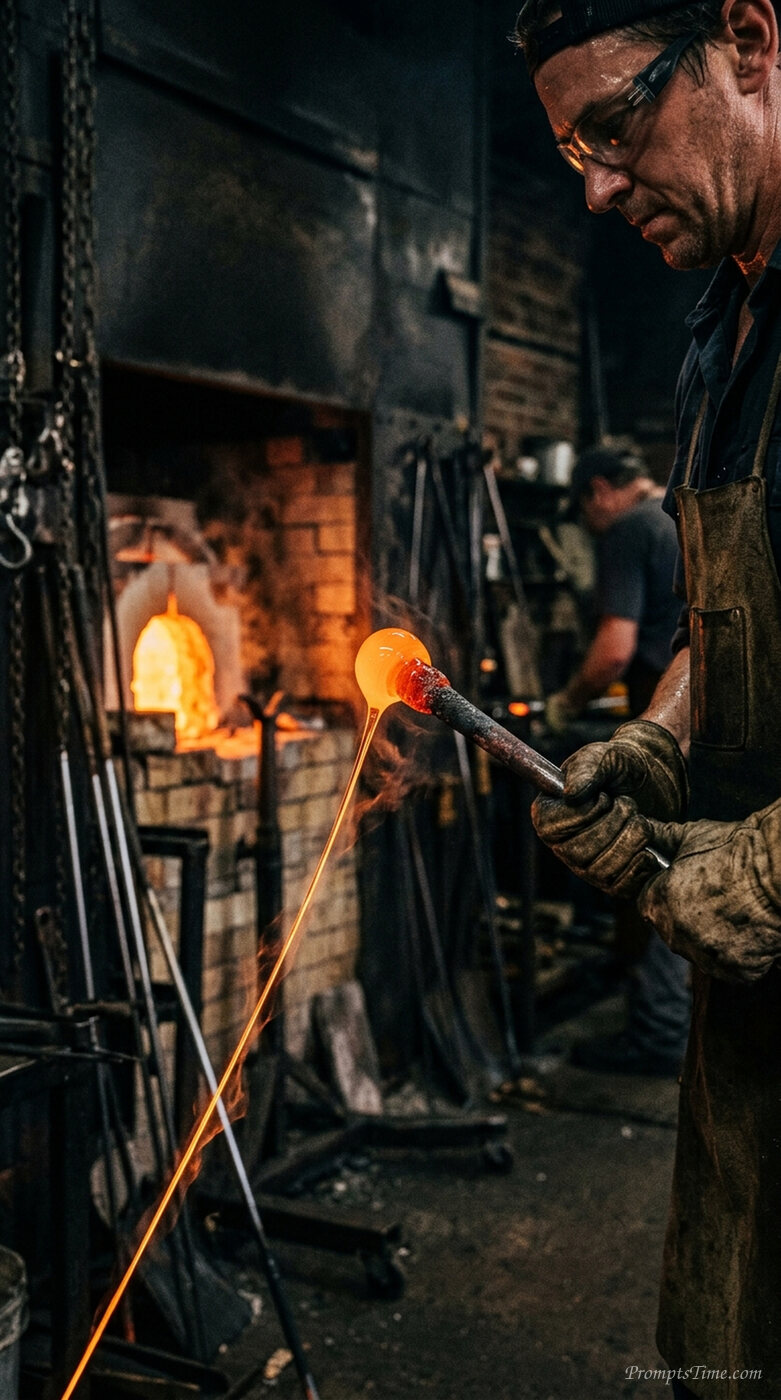 Glassblower pulling molten glass — AI-generated images image