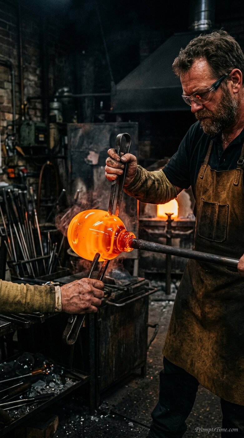 Shaping molten glass on blowpipe — AI-generated images image
