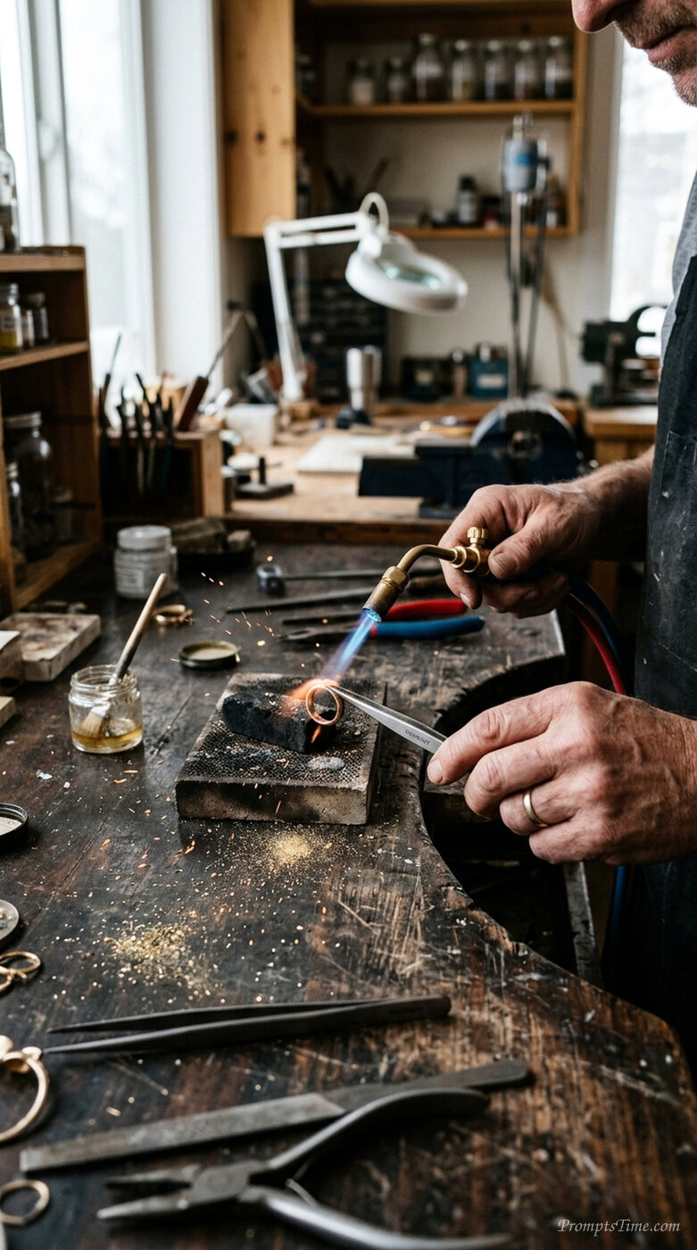 Jeweler soldering gold ring — AI-generated images image