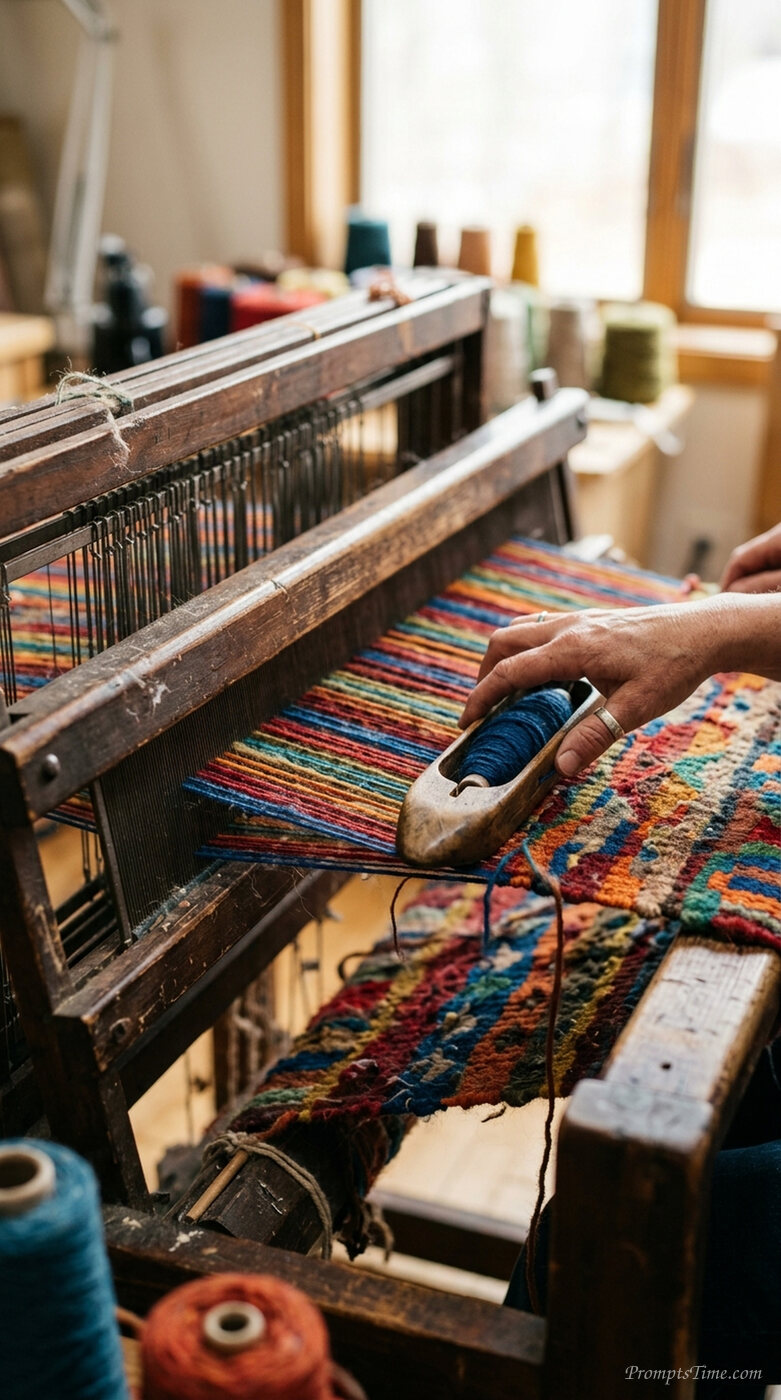 Weaver's loom with colorful threads — AI-generated images image