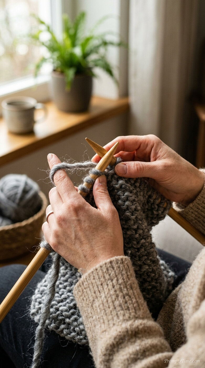 Woman knitting with grey wool — AI-generated images image