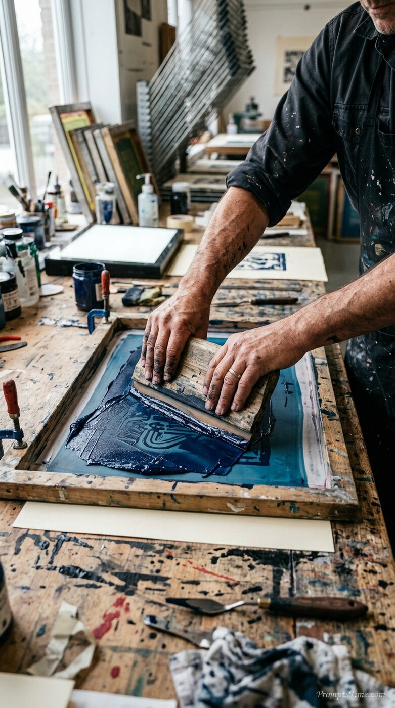 Printmaker pulling silk screen s… — AI-generated images image