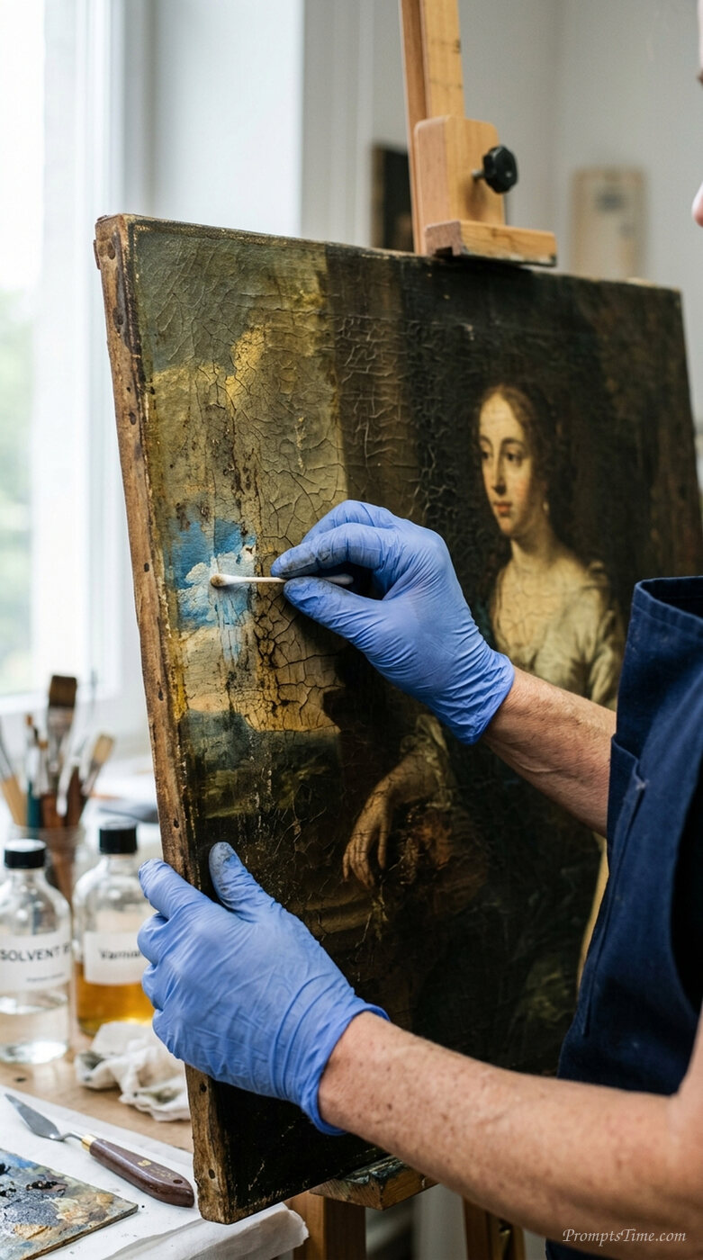 Restorer cleaning old oil painting — AI-generated images image