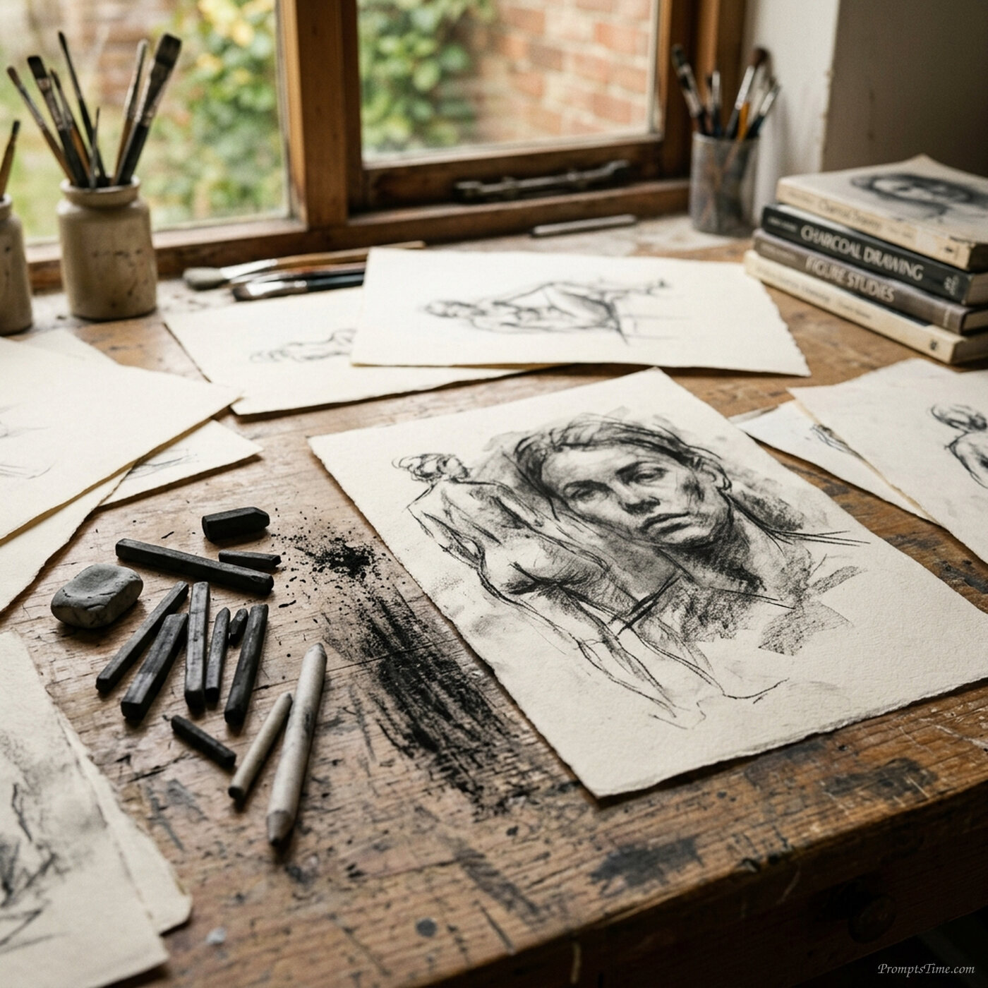 Artist desk with scattered sketches — AI-generated images image