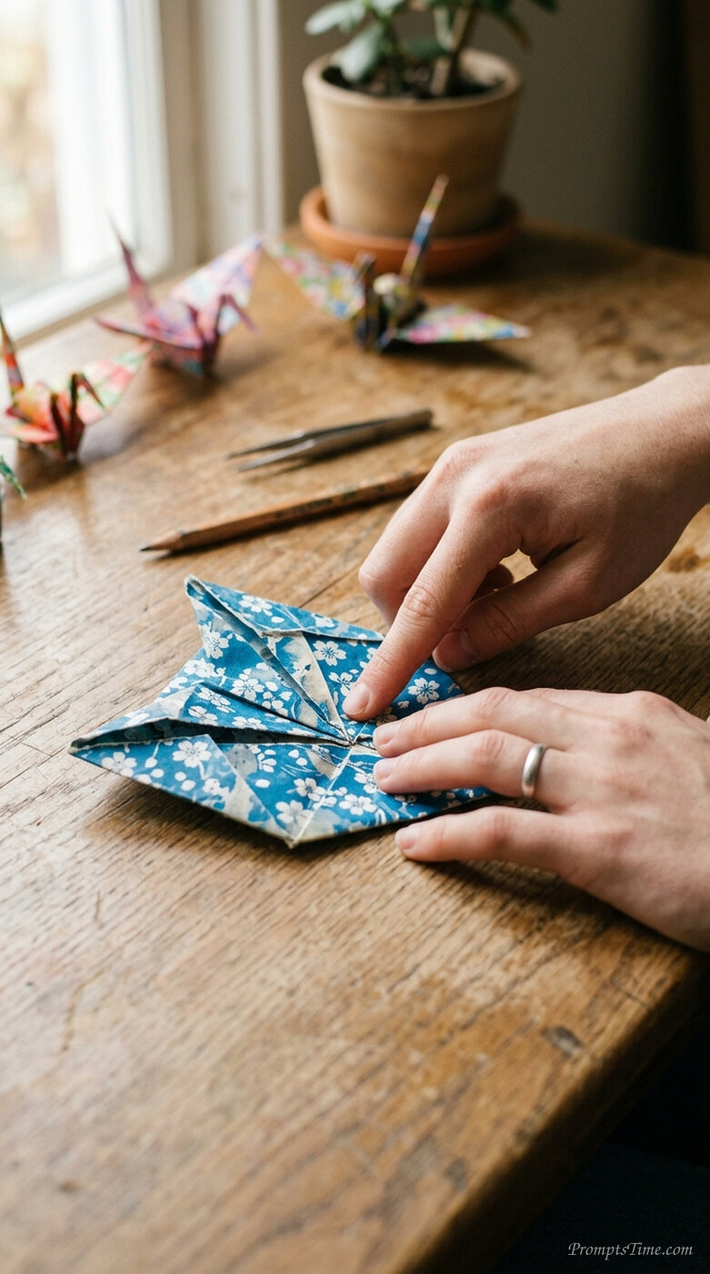 Hands folding origami on desk — AI-generated images image