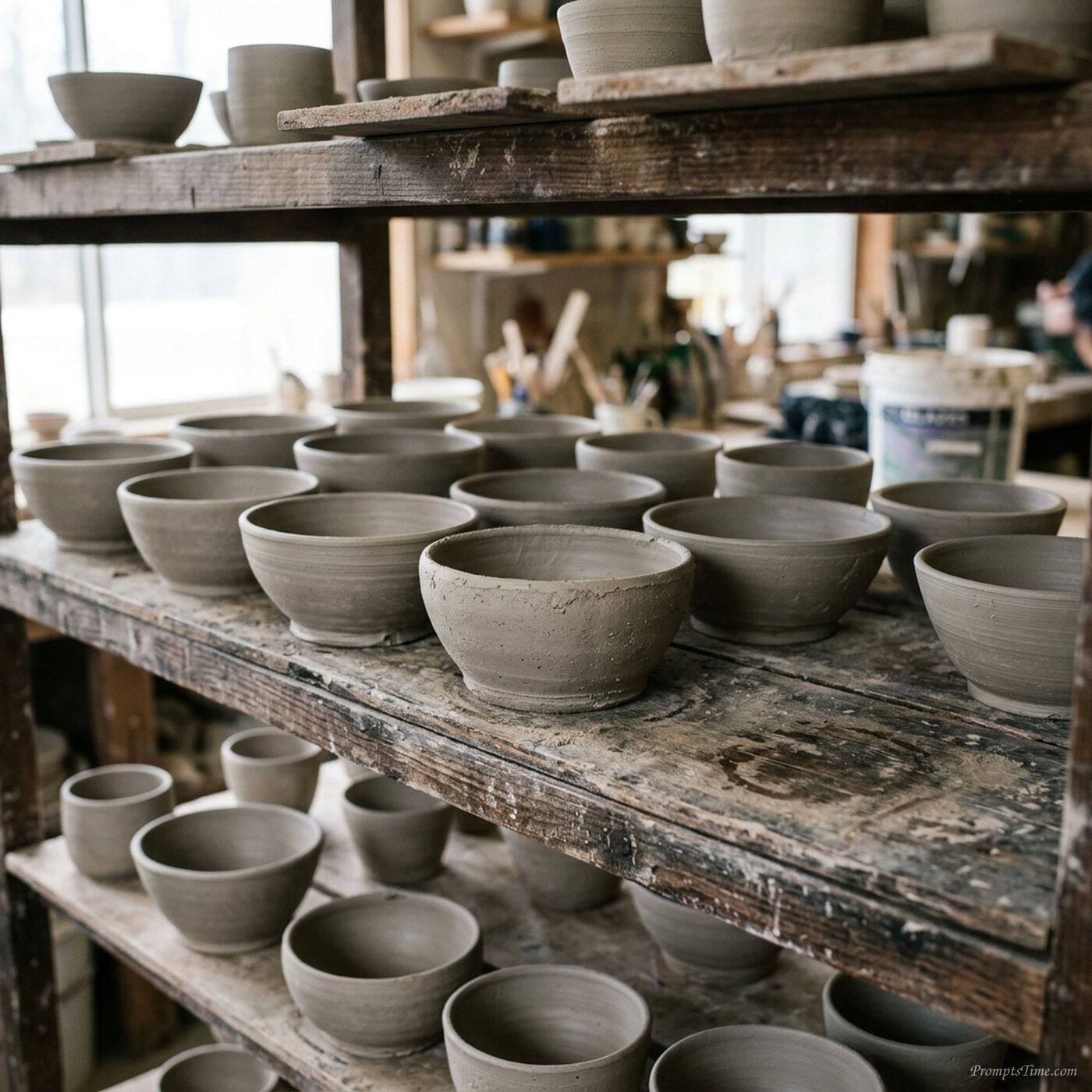Hand thrown bowls drying on shelves — AI-generated images image
