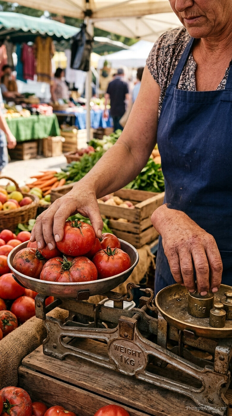 Trader weighing tomatoes on scale — AI-generated images image