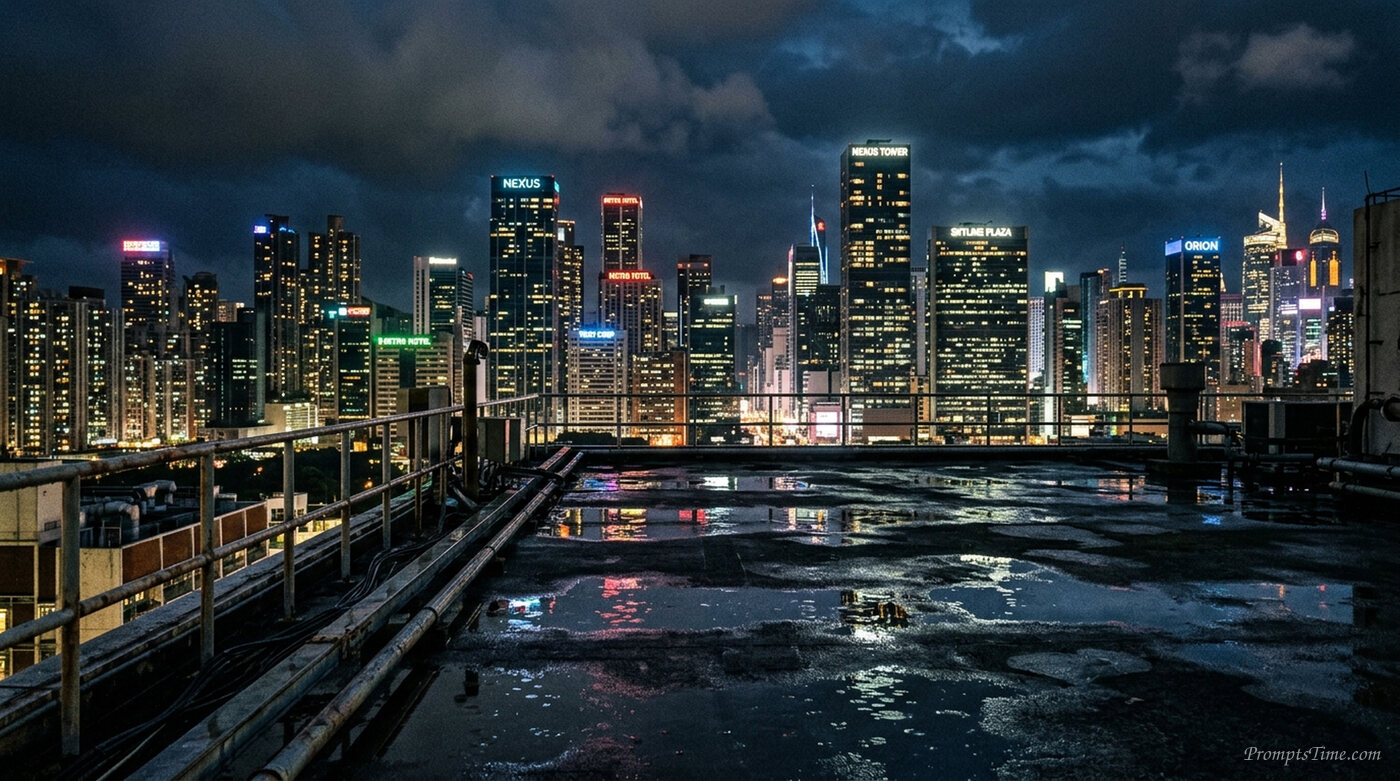 City skyline from wet rooftop — AI-generated images image