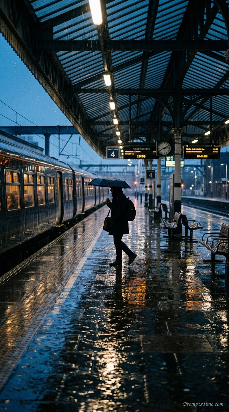 Commuter at rainy train station — AI-generated images image