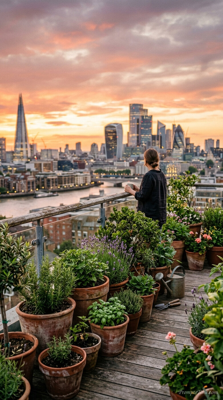Rooftop garden overlooking city … — AI-generated images image