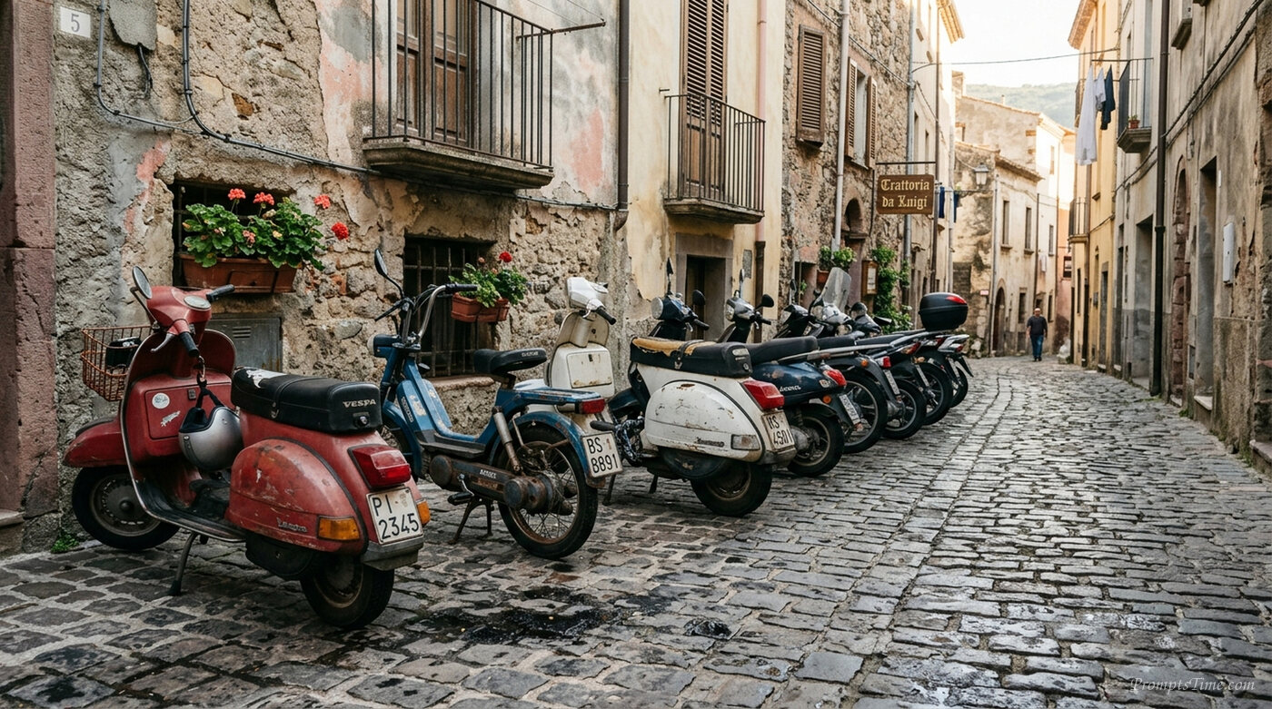 Weathered mopeds parked on street — AI-generated images image