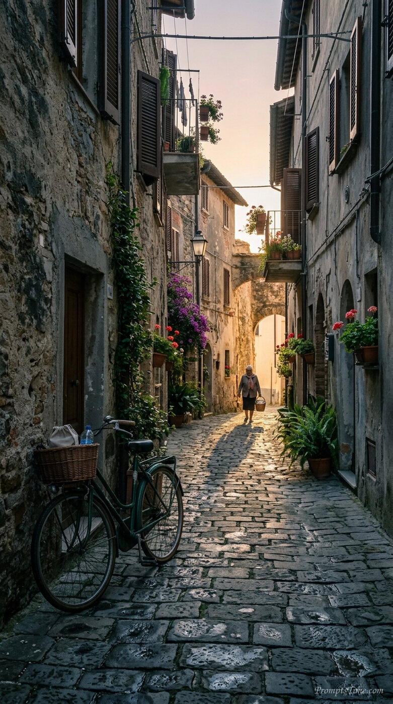 Bicycle leaning against alley wall — AI-generated images image