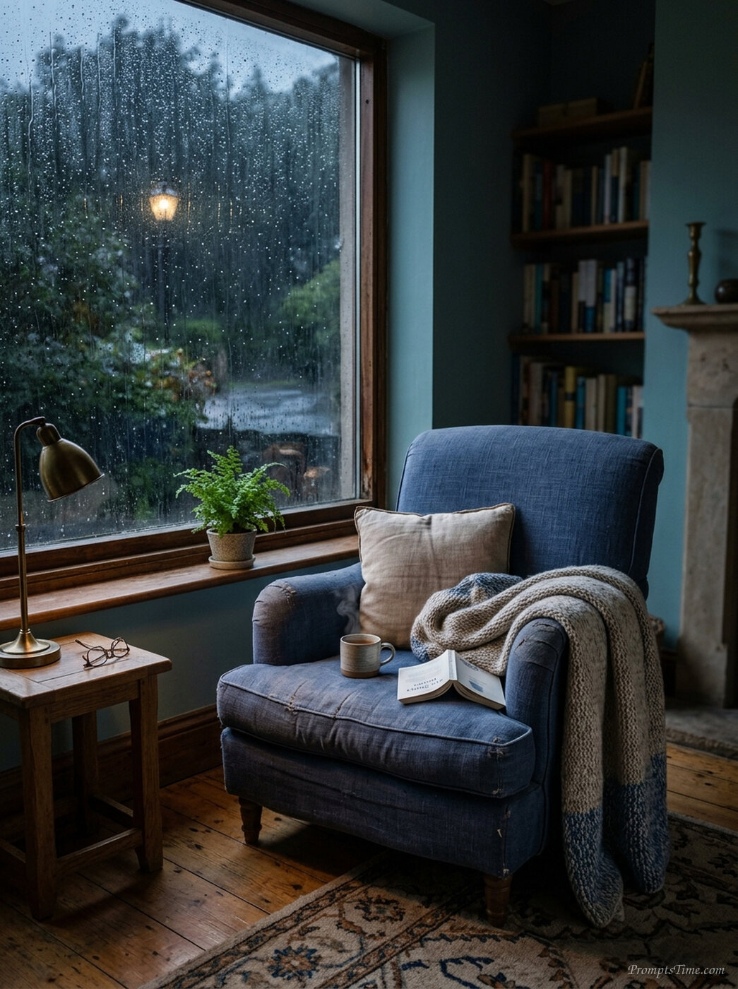 Cozy armchair by rainy window — AI-generated images image