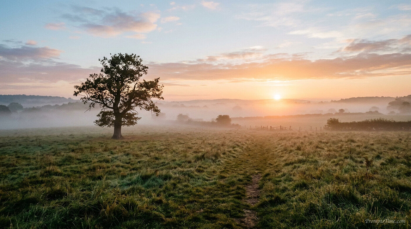Sunrise over misty field — AI-generated images image