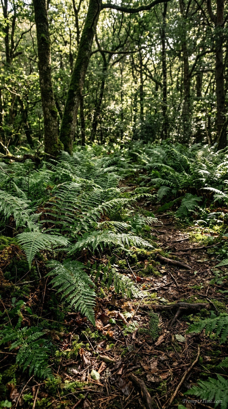 Sunlight dappling on forest ferns — AI-generated images image