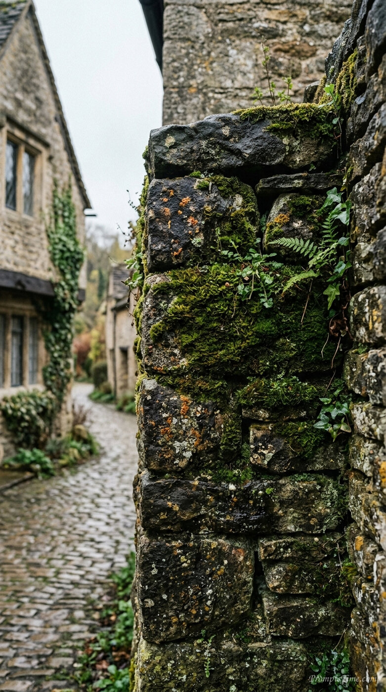 Mossy stone wall in village — AI-generated images image