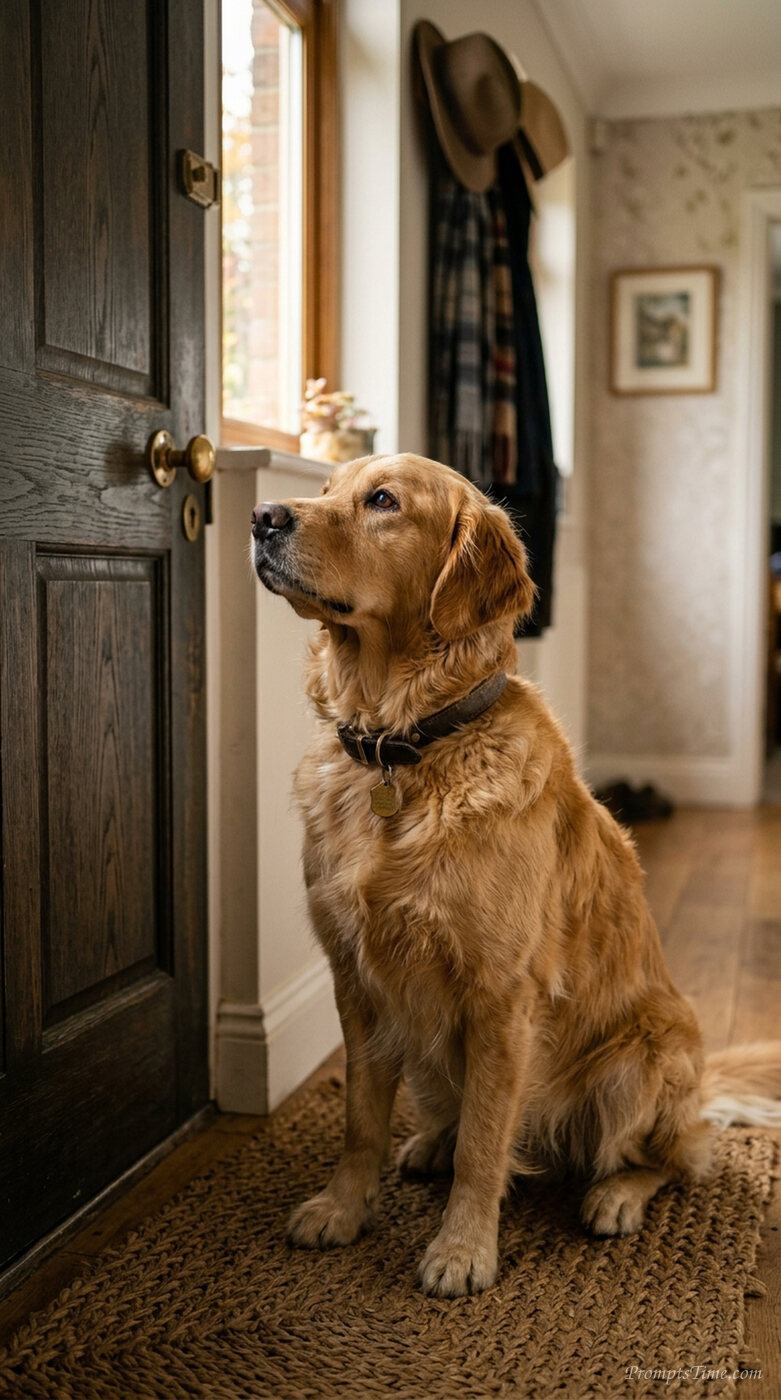 Golden retriever waiting by door — AI-generated images image