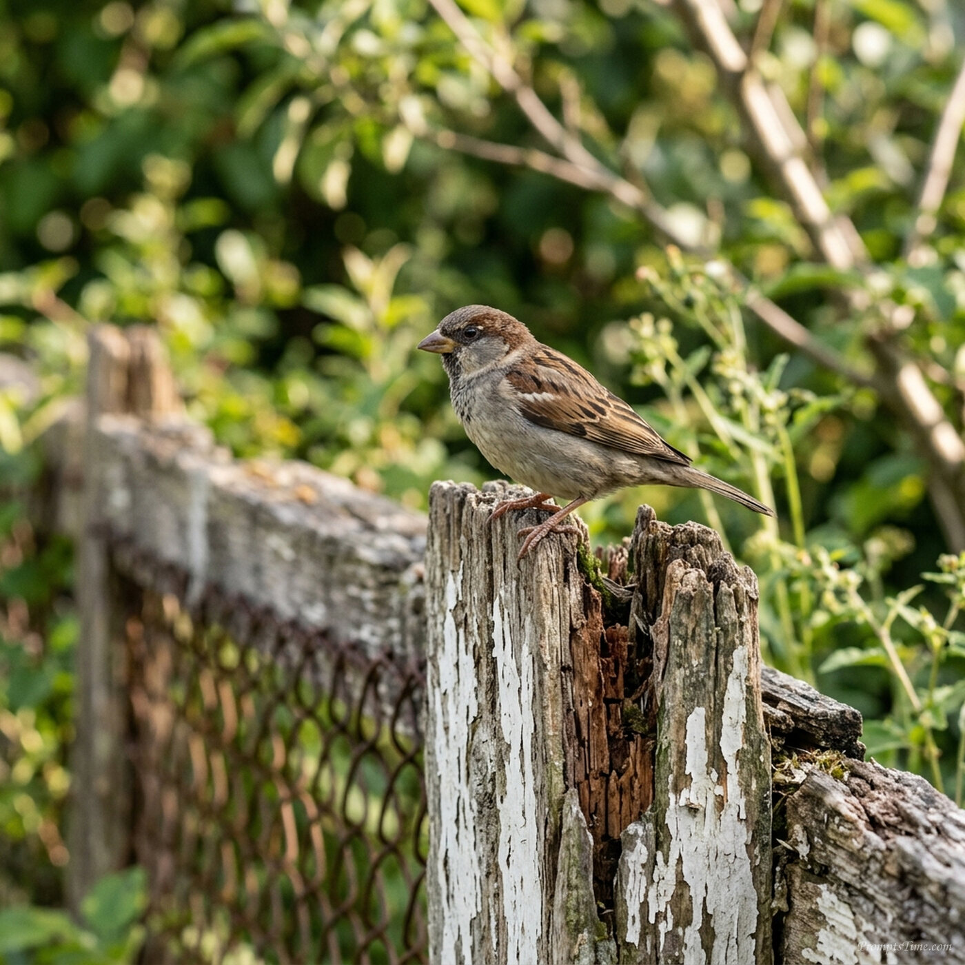 Sparrow perched on wooden fence — AI-generated images image