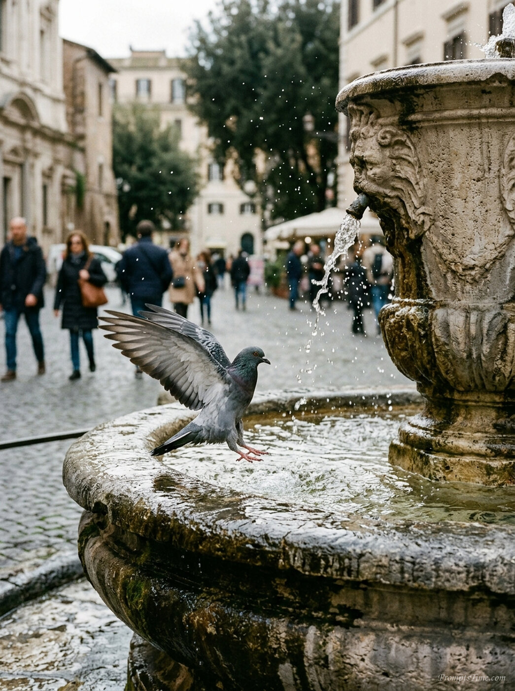 Pigeon landing on stone fountain — AI-generated images image