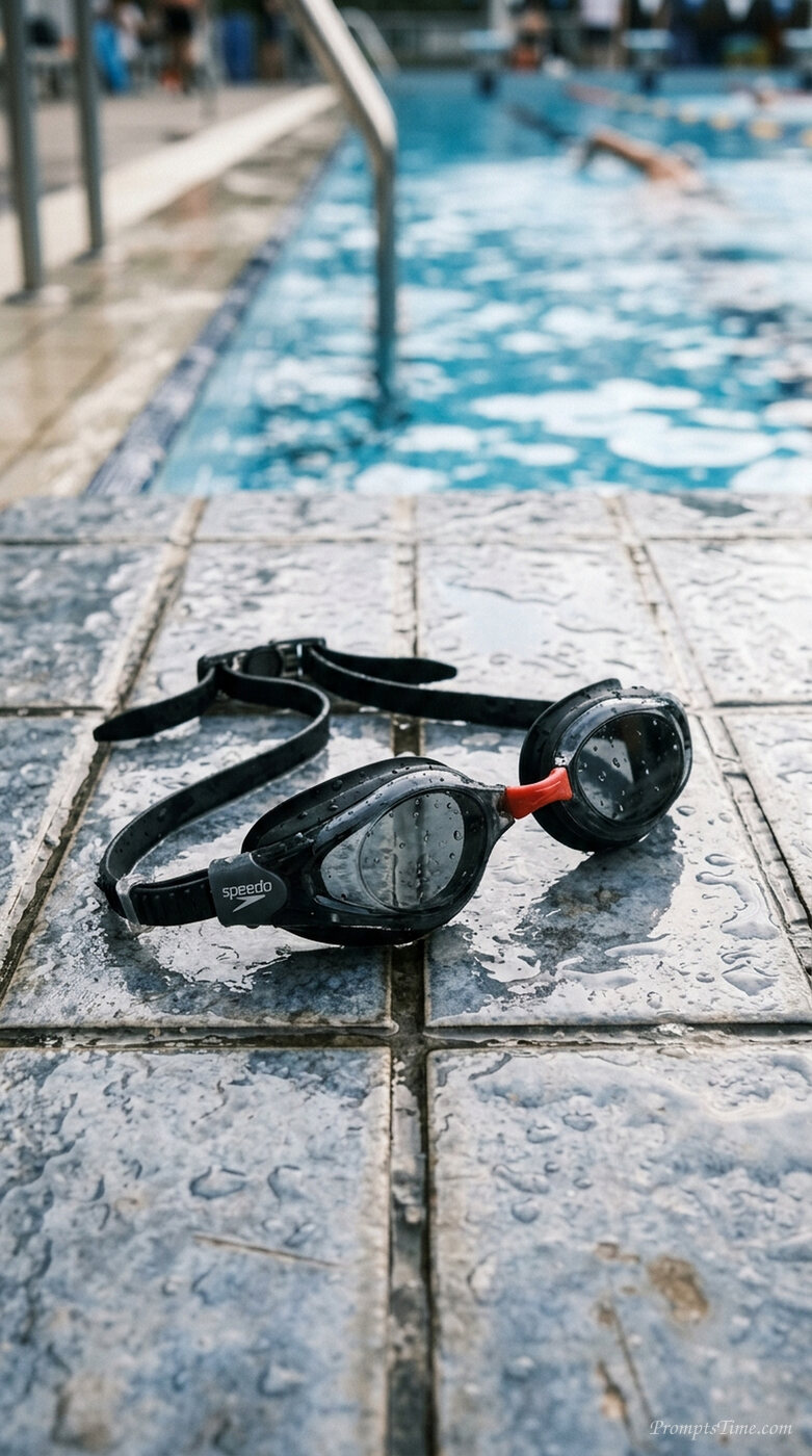 Swim goggles resting on poolside — AI-generated images image